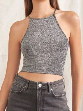 Forever 21 Silver Glitter Knit Cropped Cami Top Crop Black